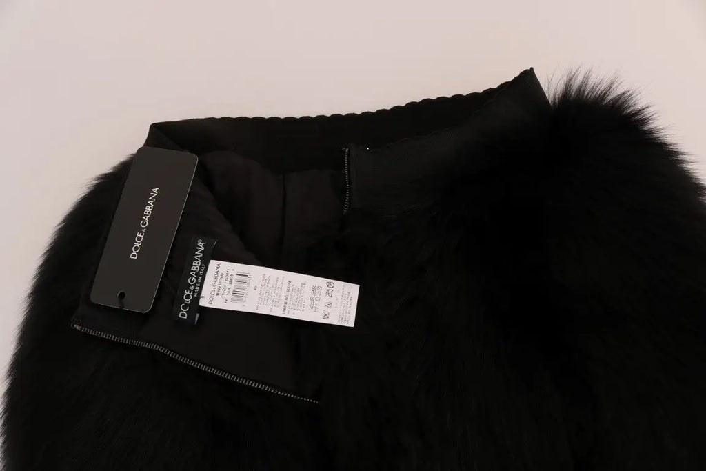 Mini short noir en fausse fourrure de mouton et renard avec taille côtelée et fermeture éclair dolce gabbana