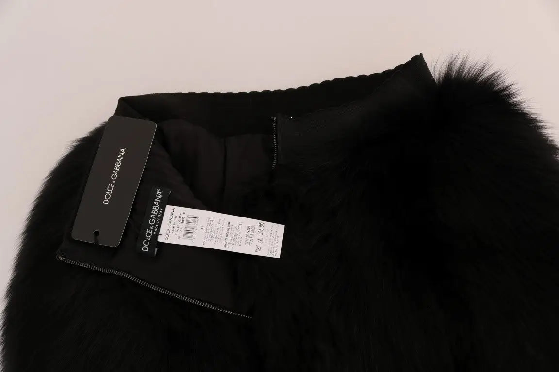 Mini short noir en fausse fourrure de mouton et renard avec taille côtelée et fermeture éclair dolce gabbana