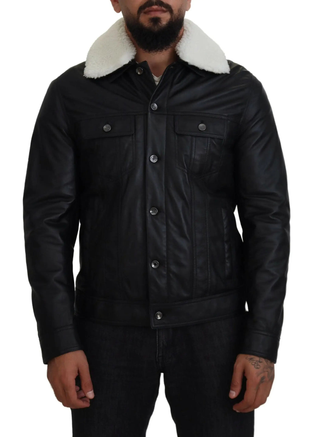 Veste homme dolce gabbana en cuir dagneau noir avec col en shearling blanc et boutons argentés
