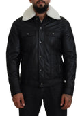 Veste homme dolce gabbana en cuir dagneau noir avec col en shearling blanc et boutons argentés