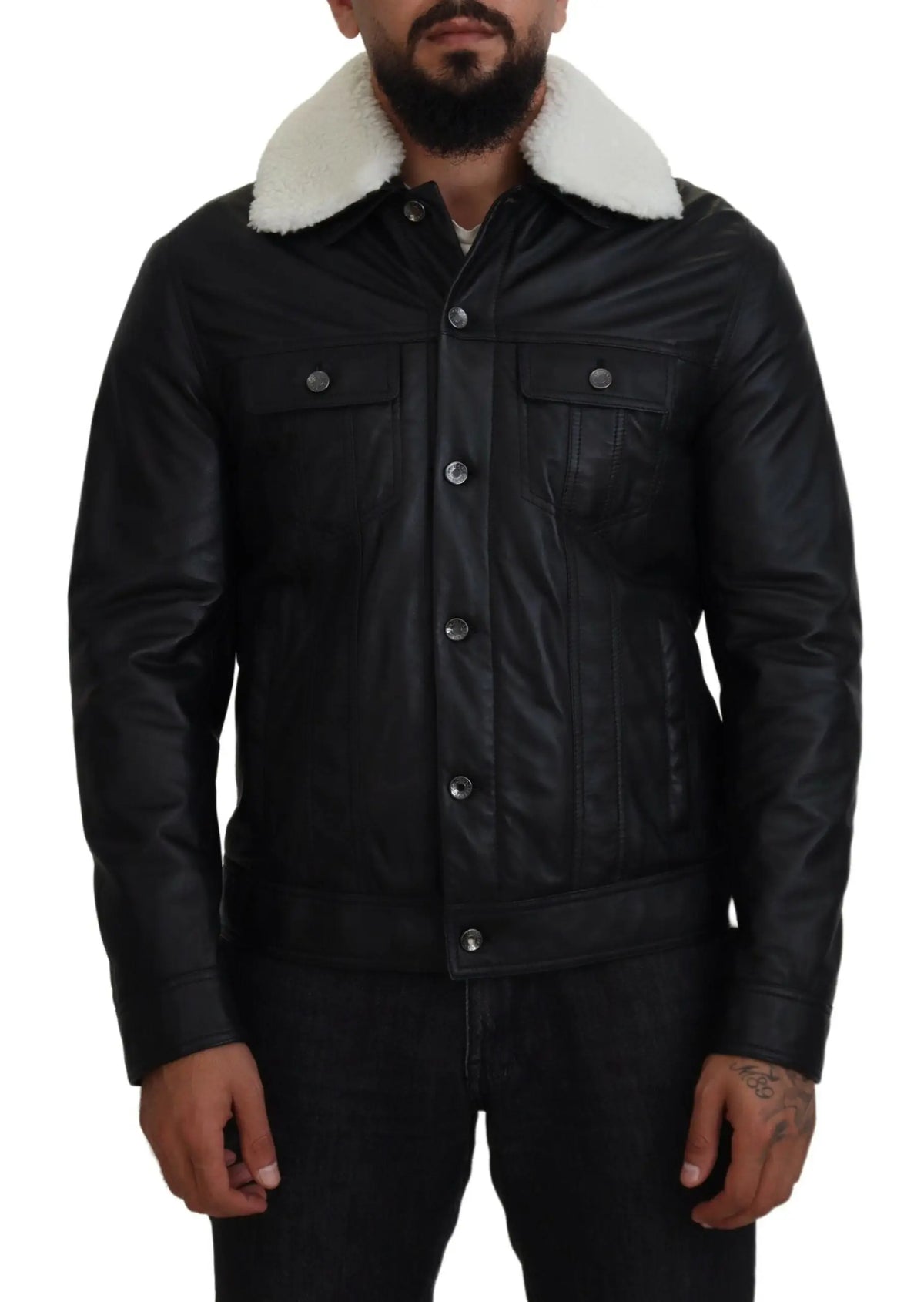 Veste homme dolce gabbana en cuir dagneau noir avec col en shearling blanc et boutons argentés