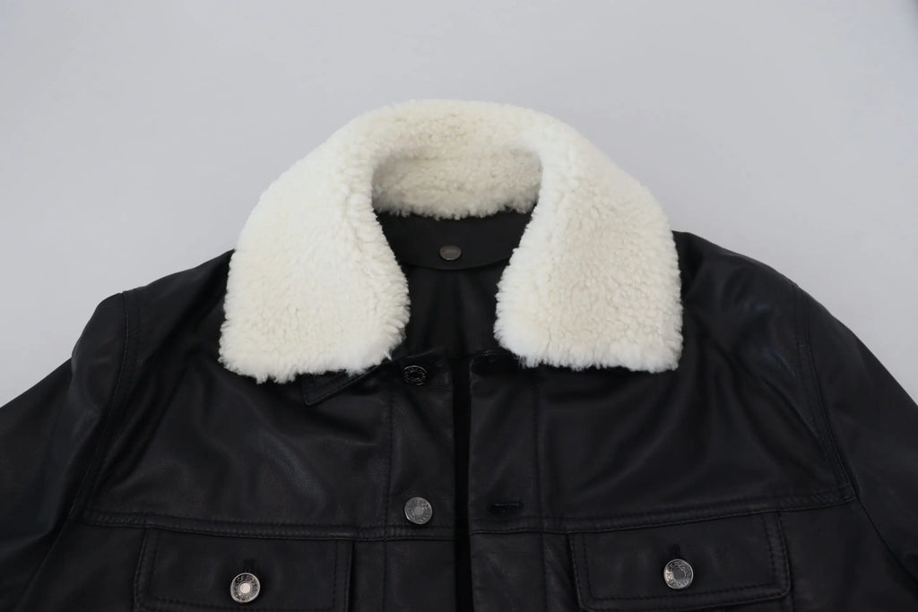 Dolce & gabbana veste homme en cuir dagneau noir avec col en peau lainée blanche et boutons argentés