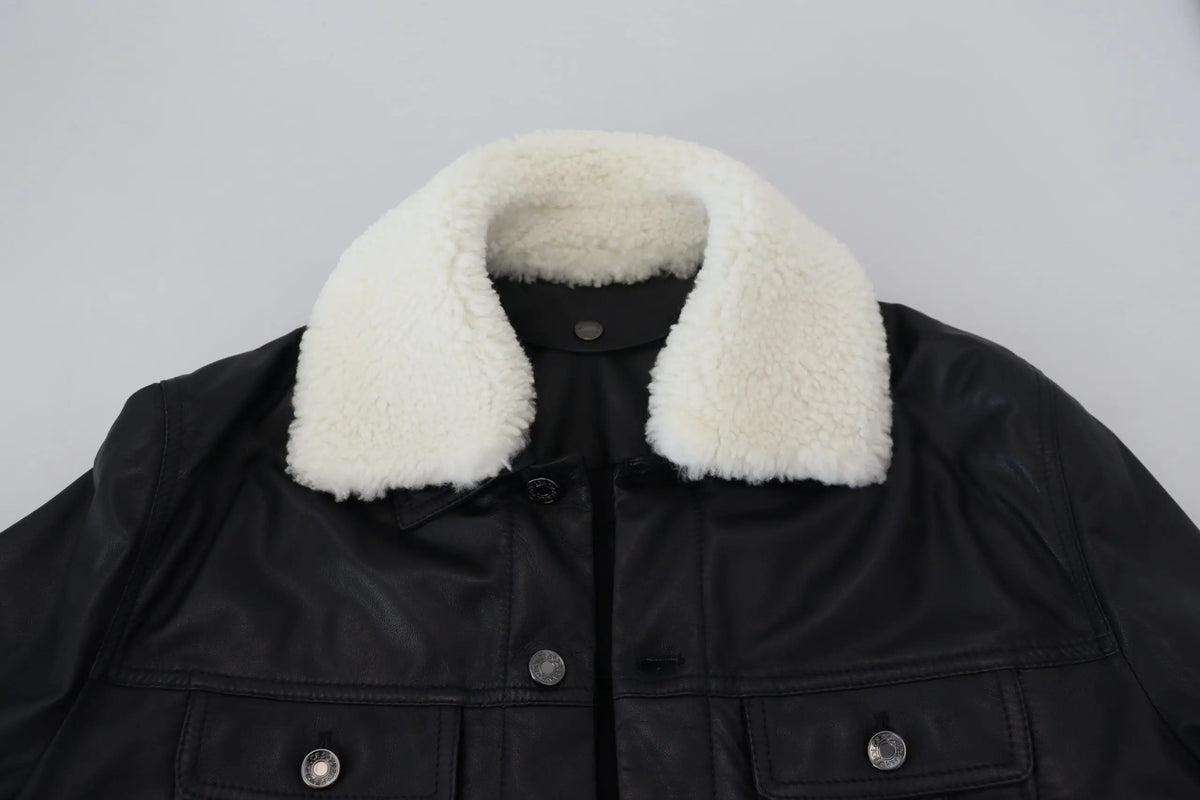 Dolce & gabbana veste homme en cuir dagneau noir avec col en peau lainée blanche et boutons argentés