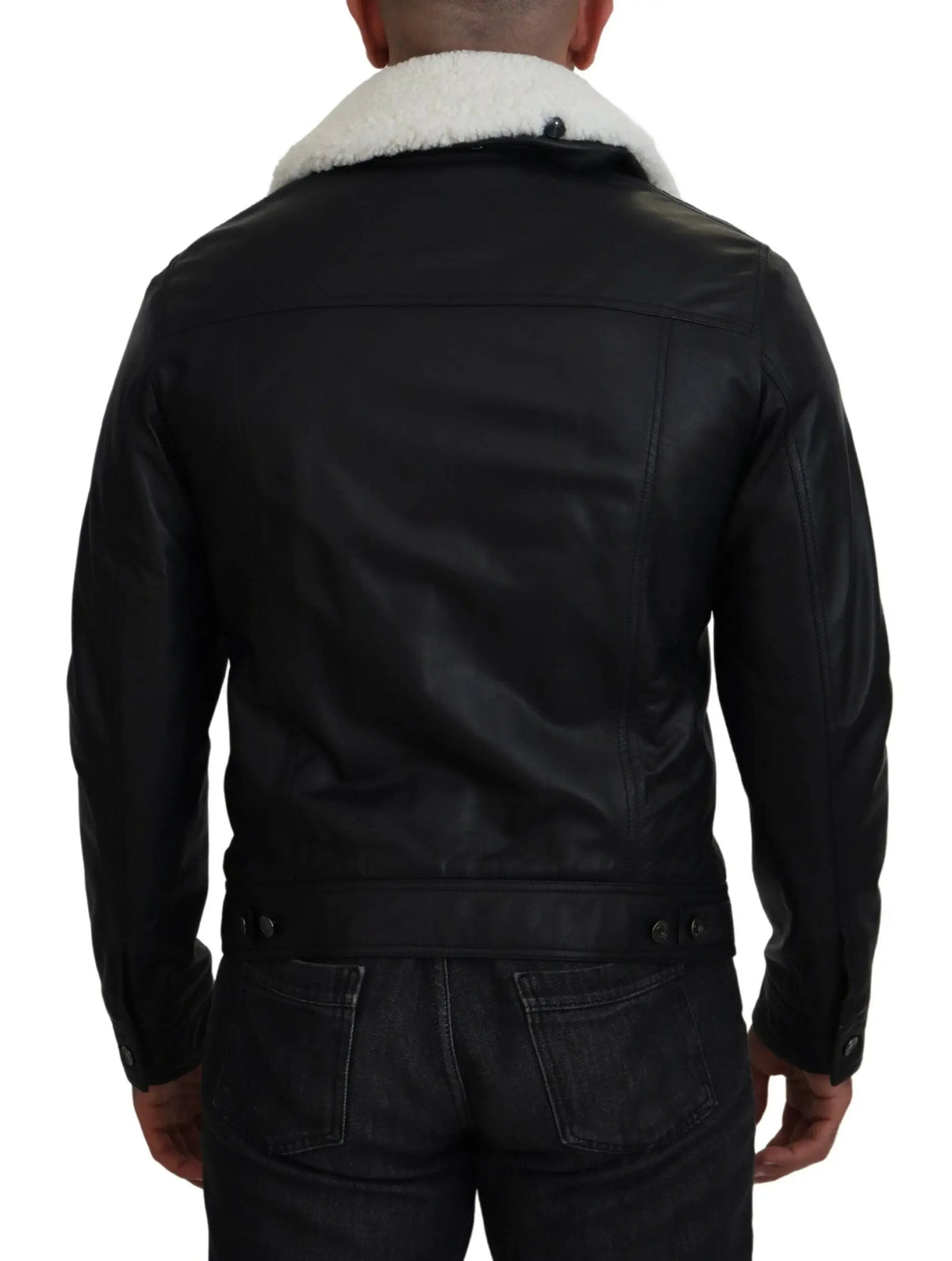 Veste homme dolce & gabbana en cuir dagneau noir avec col en peau lainée blanche douce