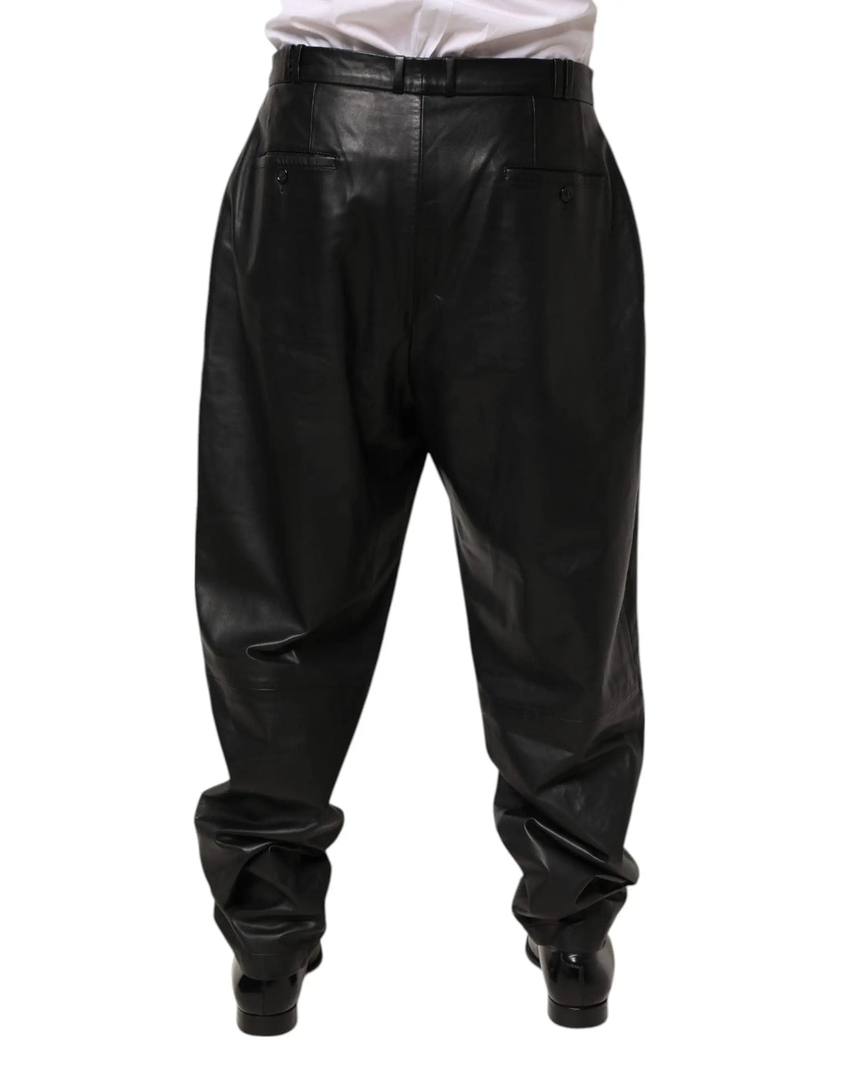 Pantalon large noir en cuir agneau dolce gabbana pour homme avec taille haute et poches en biais