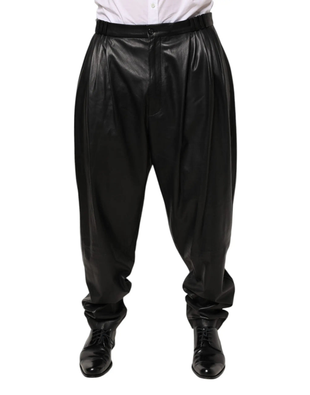 Pantalon homme dolce & gabbana en cuir agneau noir avec pli et coupe évasée décontractée