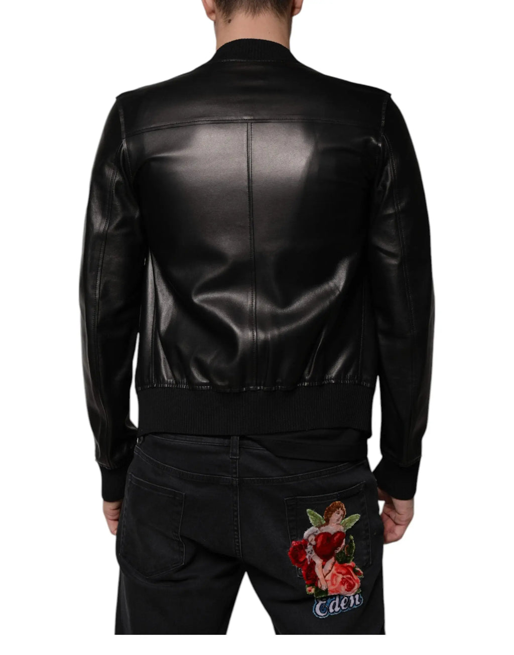 Dolce & gabbana veste motard en agneau noir à fermeture éclair complète en cuir verni avec coutures discrètes