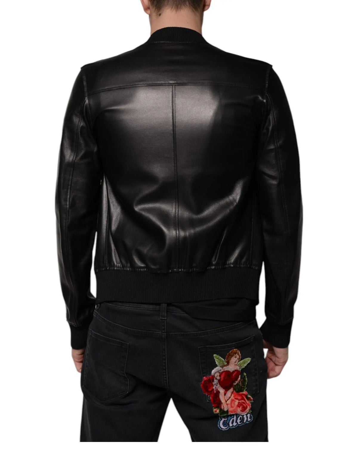 Dolce & gabbana veste motard en agneau noir à fermeture éclair complète en cuir verni avec coutures discrètes