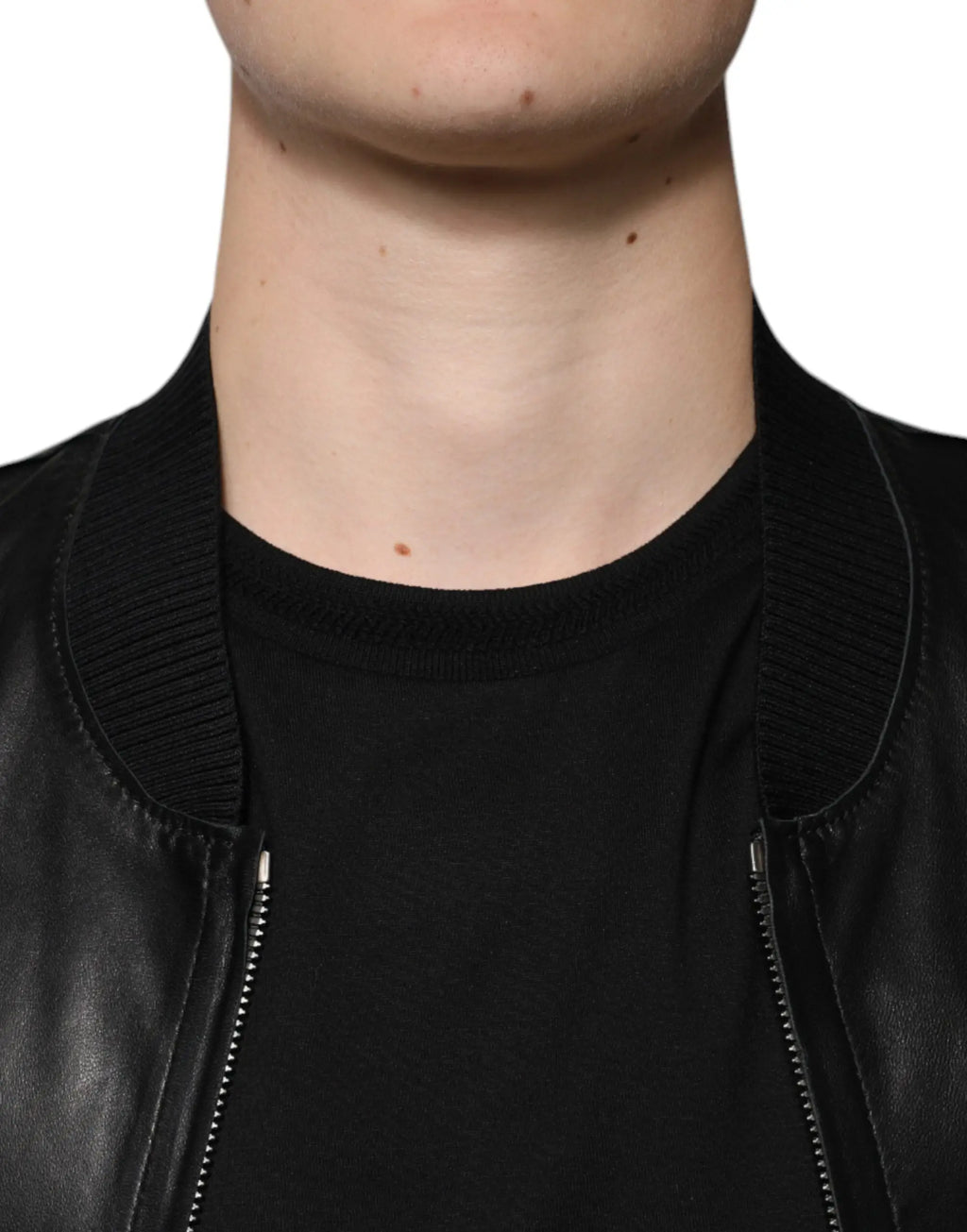 Dolce & gabbana blouson biker noir en agneau avec fermeture éclair intégrale en cuir et col côtelé