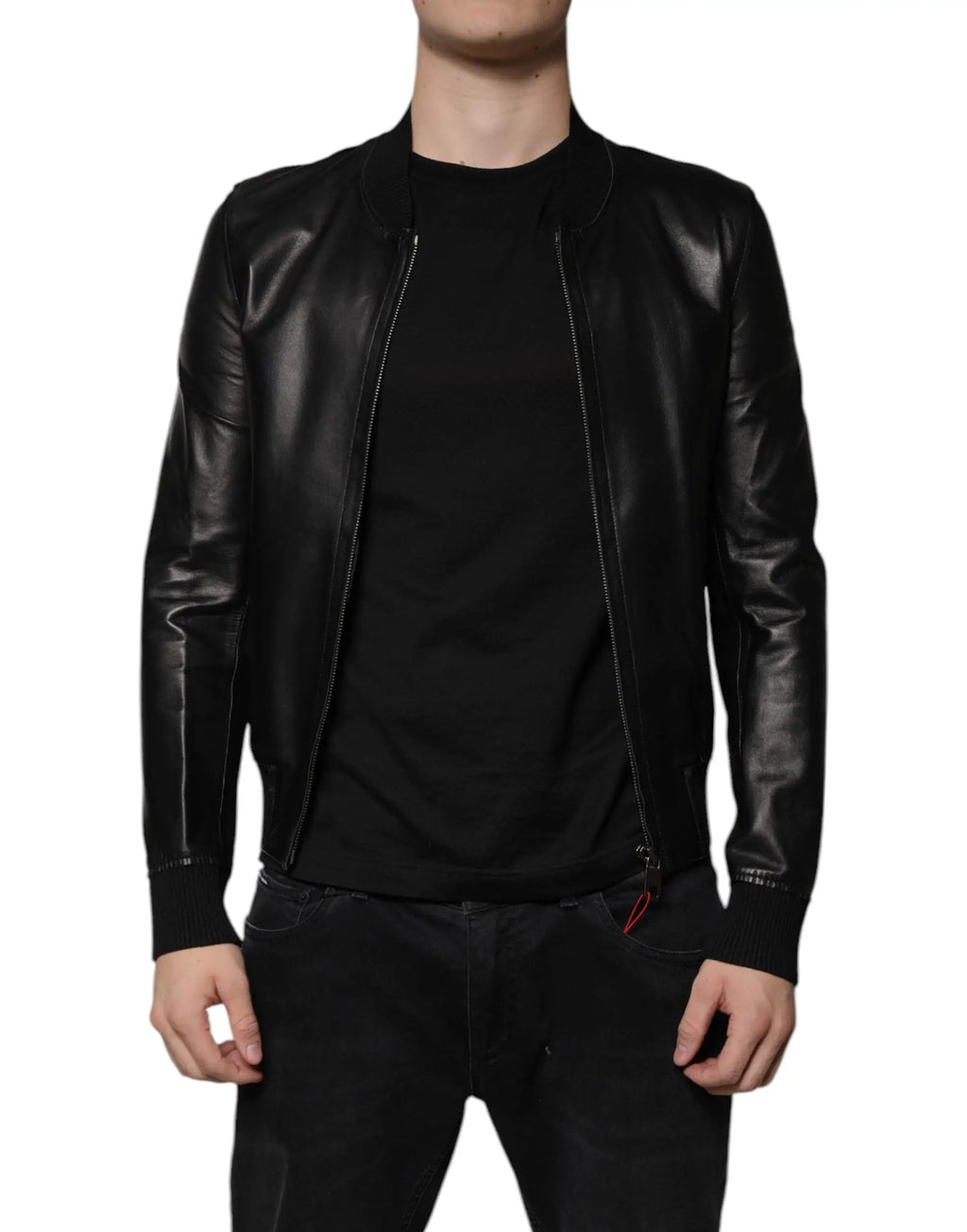 Blouson biker dolce & gabbana noir en agneau avec fermeture éclair intégrale et finitions en cuir brillant