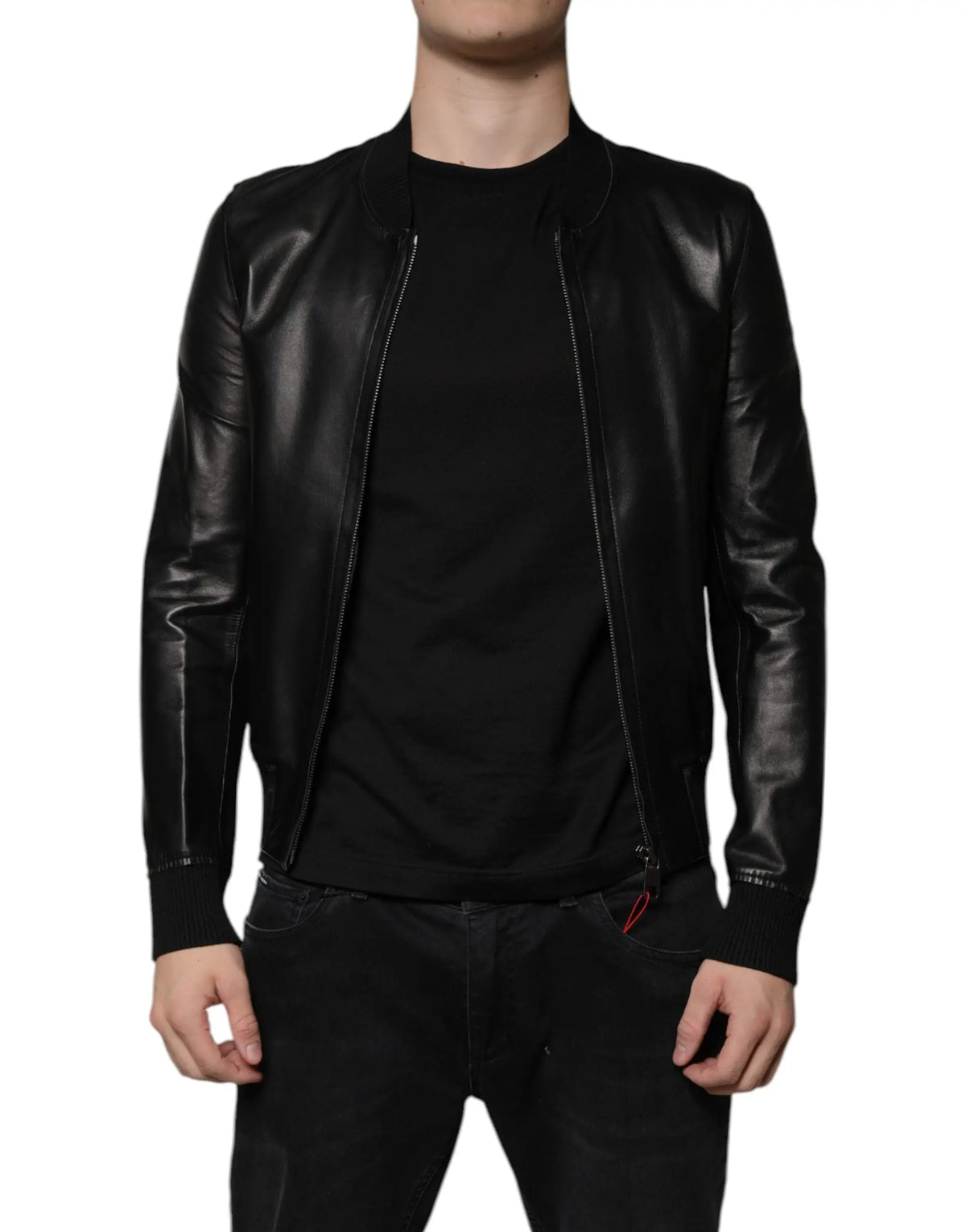 Blouson biker dolce & gabbana noir en agneau avec fermeture éclair intégrale et finitions en cuir brillant