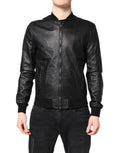 Veste pilote dolce & gabbana en cuir dagneau noir avec finition mate et poignets côtelés