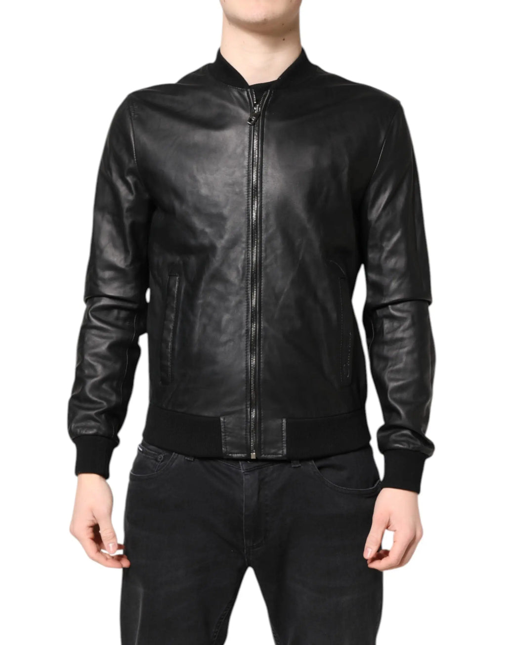 Dolce & gabbana veste moto zippée en cuir d agneau noir avec finition mate et poignets côtelés