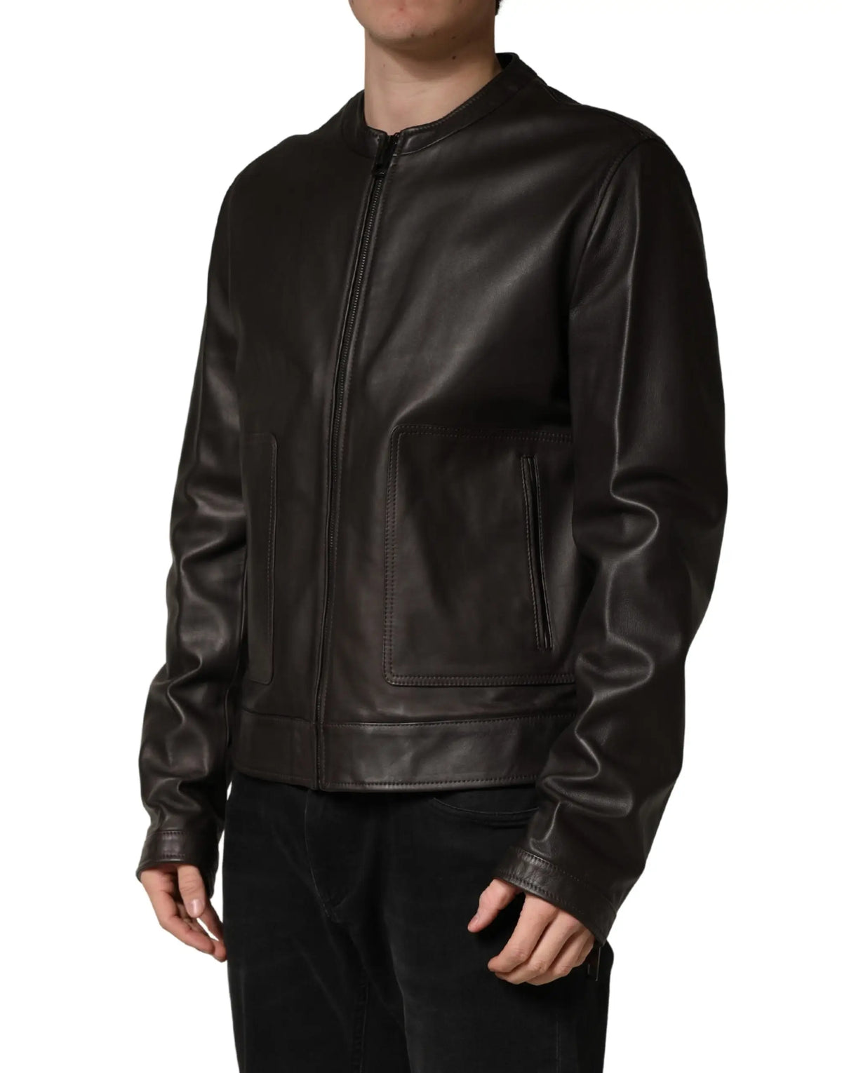 Veste pilote en cuir dagnello noir dolce & gabbana avec fermeture éclair intégrale et deux poches avant