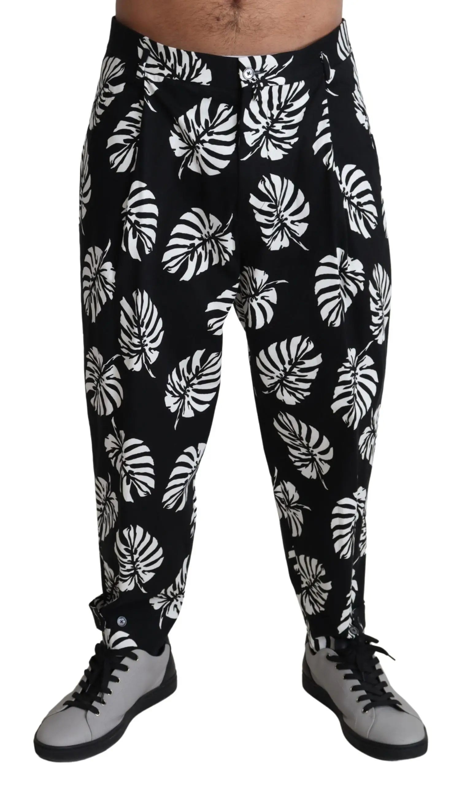 Pantalon dolce & gabbana noir en coton stretch avec motif feuilles de monstera blanc et plis à la taille