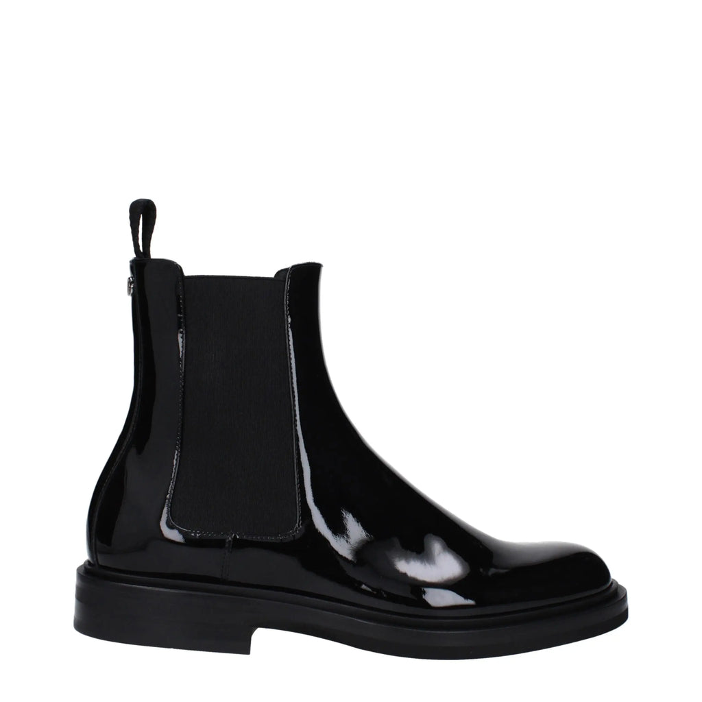 Dolce & gabbana bottines en cuir noir avec finition vernie et panneaux latéraux élastiques style chelsea