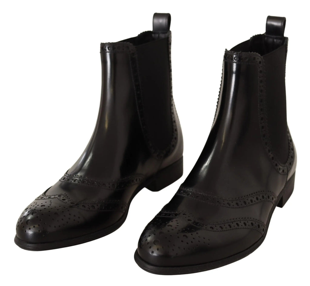 Chelsea boots noires en cuir verni avec détails brogue et panneaux élastiques dolce & gabbana