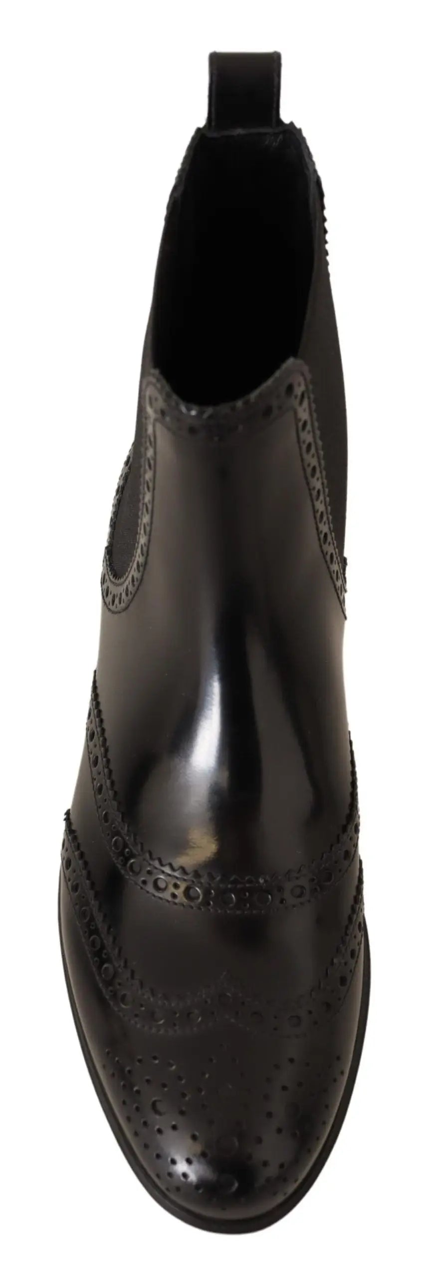 Dolce & gabbana bottes plates noirs en cuir verni avec détails brogue et tirette arrière vue de dos