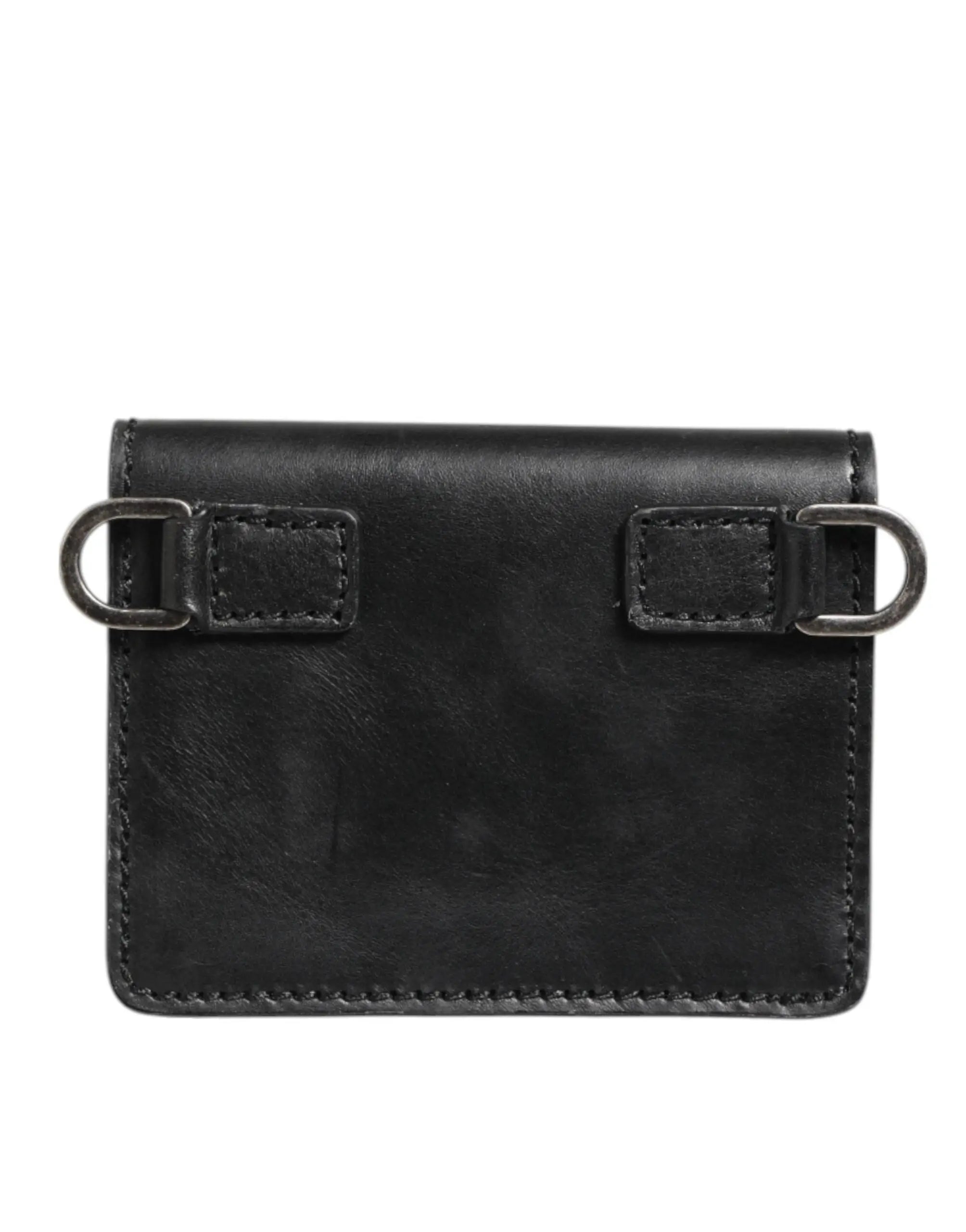 Dolce & gabbana portefeuille noir en cuir avec deux anneaux en d métal et coutures visibles pour homme