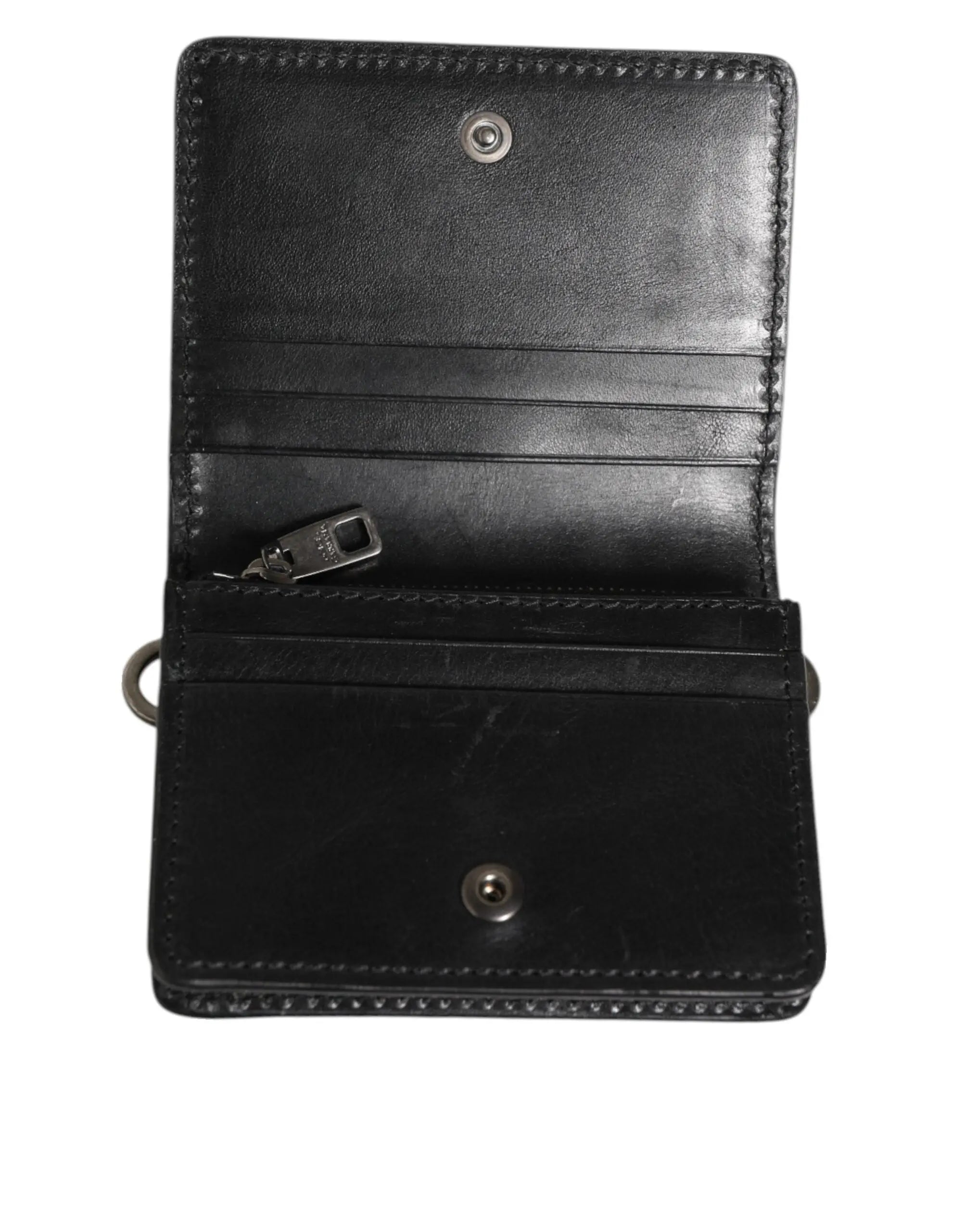 Dolce & gabbana portefeuille noir en cuir avec boutons-pression argentés et fermeture éclair pour homme