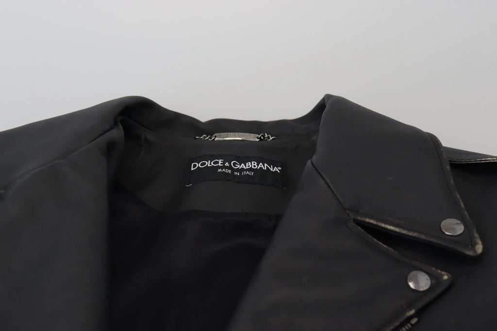 Veste motard noire en cuir dolce & gabbana avec col structuré et boutons pression argentés