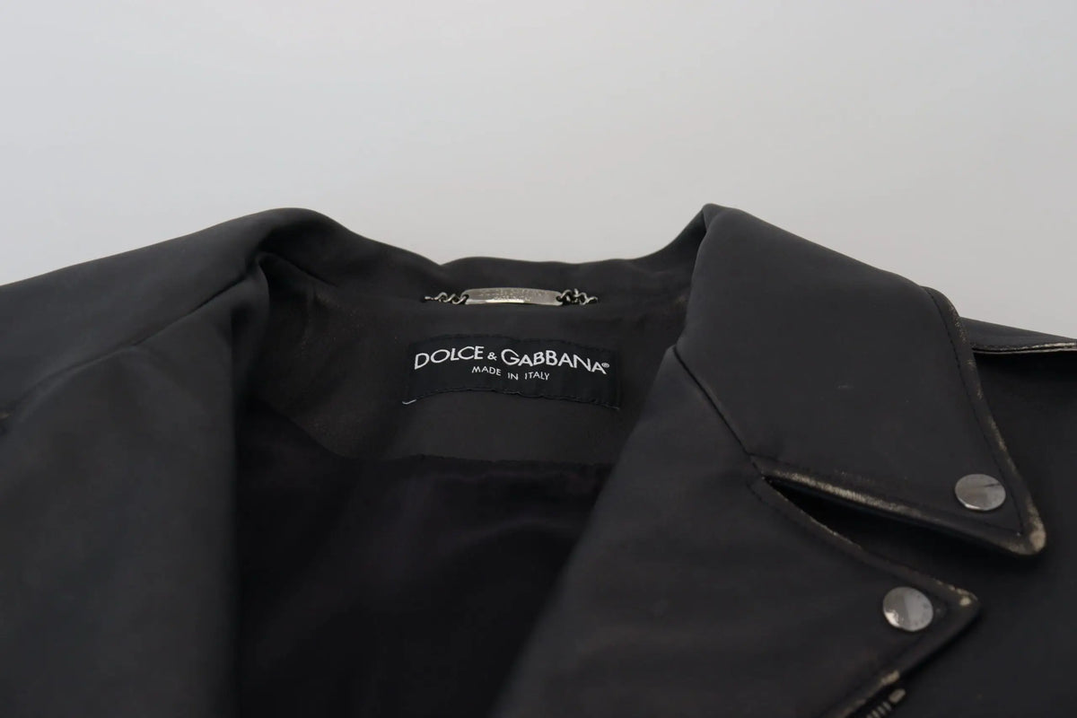 Veste motard noire en cuir dolce & gabbana avec col structuré et boutons pression argentés