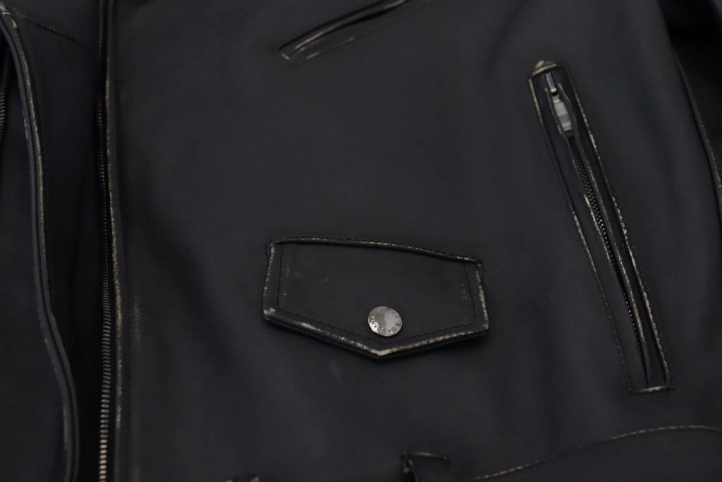 Dolce & gabbana veste motard en cuir noir avec poche rabat et bouton argenté fermeture éclair