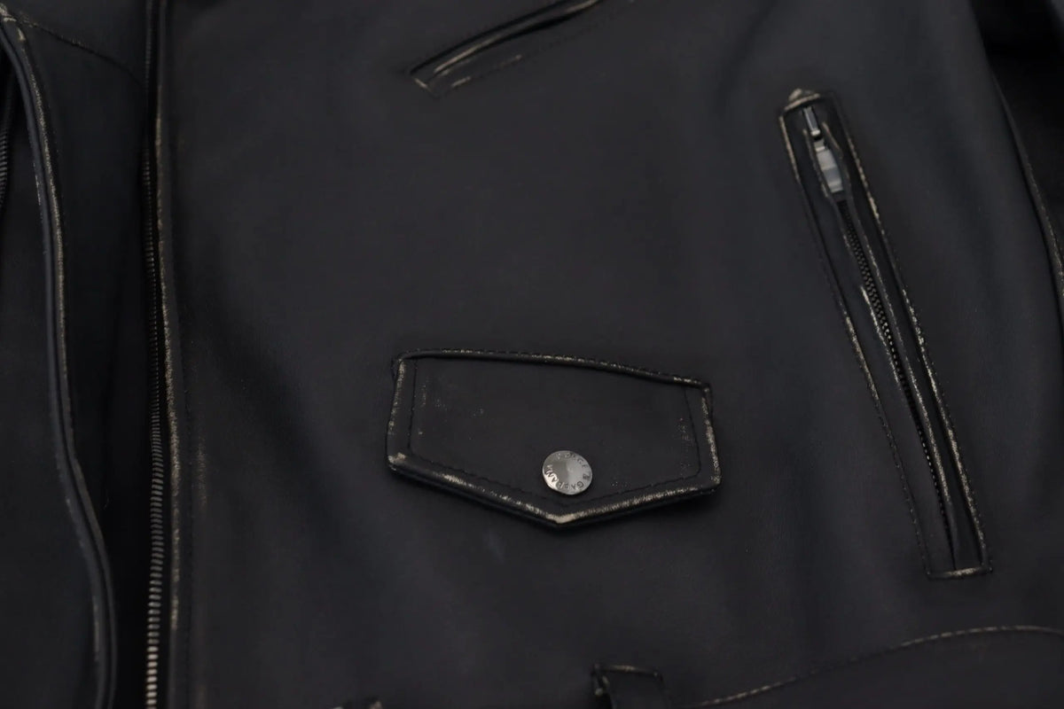 Dolce & gabbana veste motard en cuir noir avec poche rabat et bouton argenté fermeture éclair