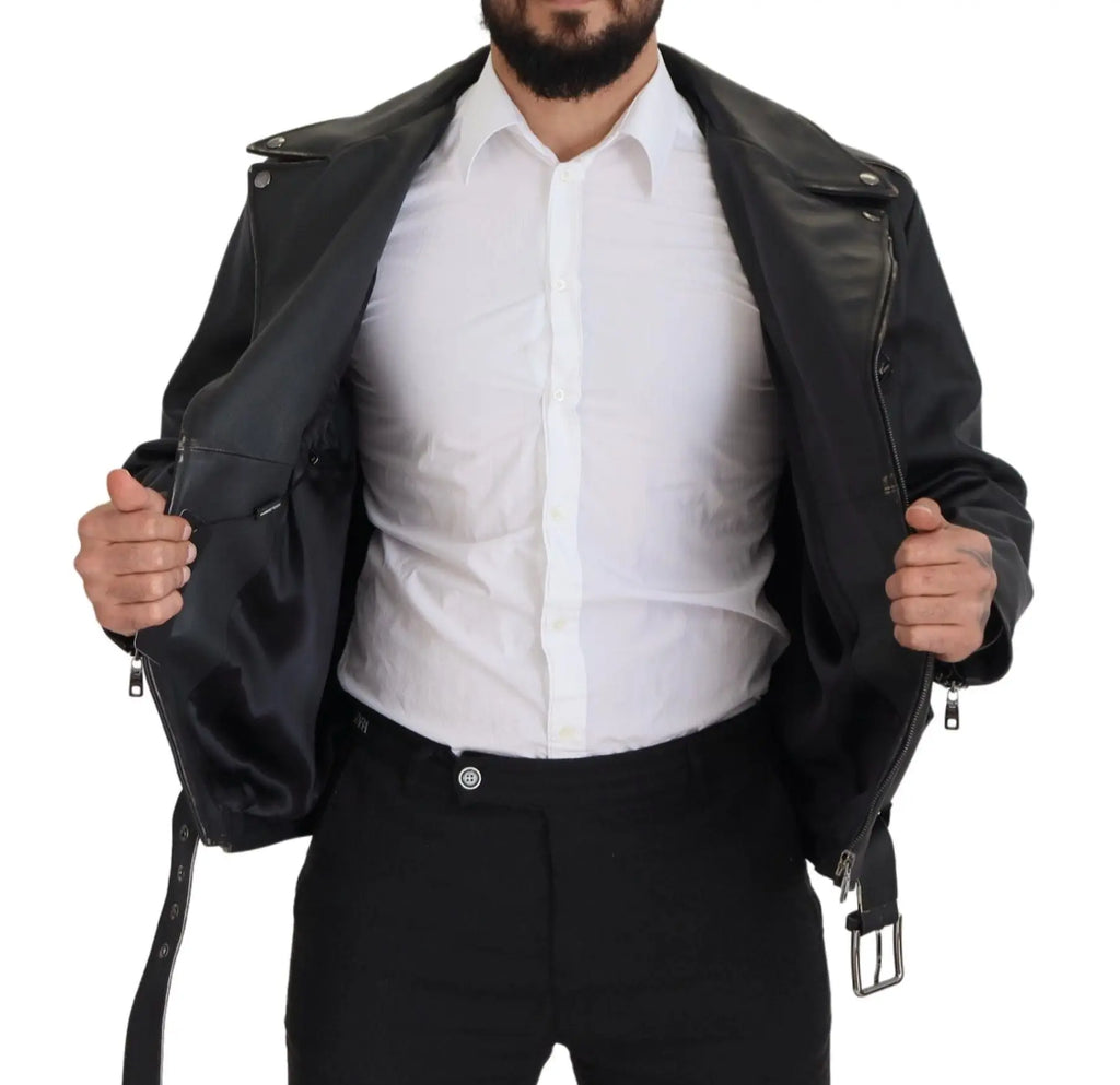 Dolce & gabbana veste de motard en cuir noir avec fermeture éclair et boutons-pression