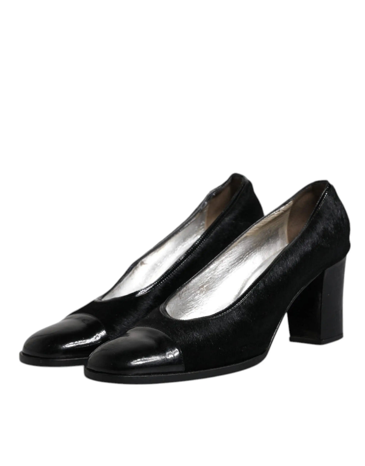 Dolce & gabbana black leather block heel pumps with glossy patent leather toe cap and suede upper