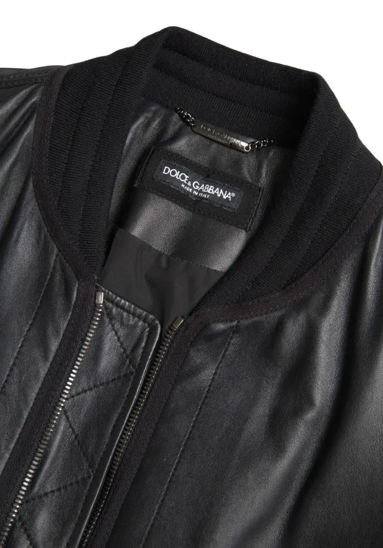 Dolce gabbana blouson bomber noir en cuir avec panneaux matelassés et col côtelé avec étiquette intérieure
