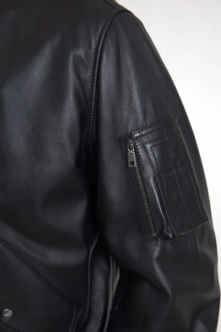 Dolce & gabbana blouson bomber noir en cuir avec poche zippée sur la manche
