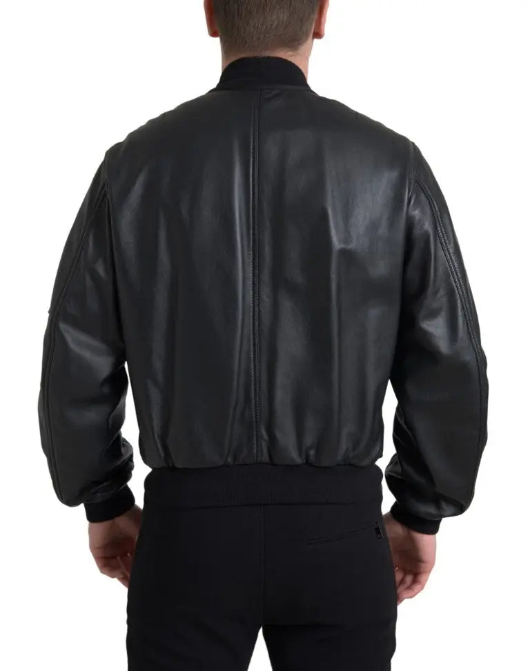 Dolce & Gabbana blouson bomber en cuir noir avec fermeture éclair complète et poignets et col côtelés