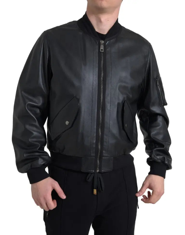 Dolce & gabbana blouson bomber en cuir noir avec fermeture éclair complète poignets et taille côtelés et poches à rabat