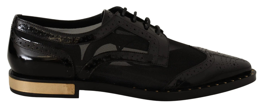 Dolce & gabbana chaussures brogues noires en cuir verni et mesh avec talon doré vue arrière