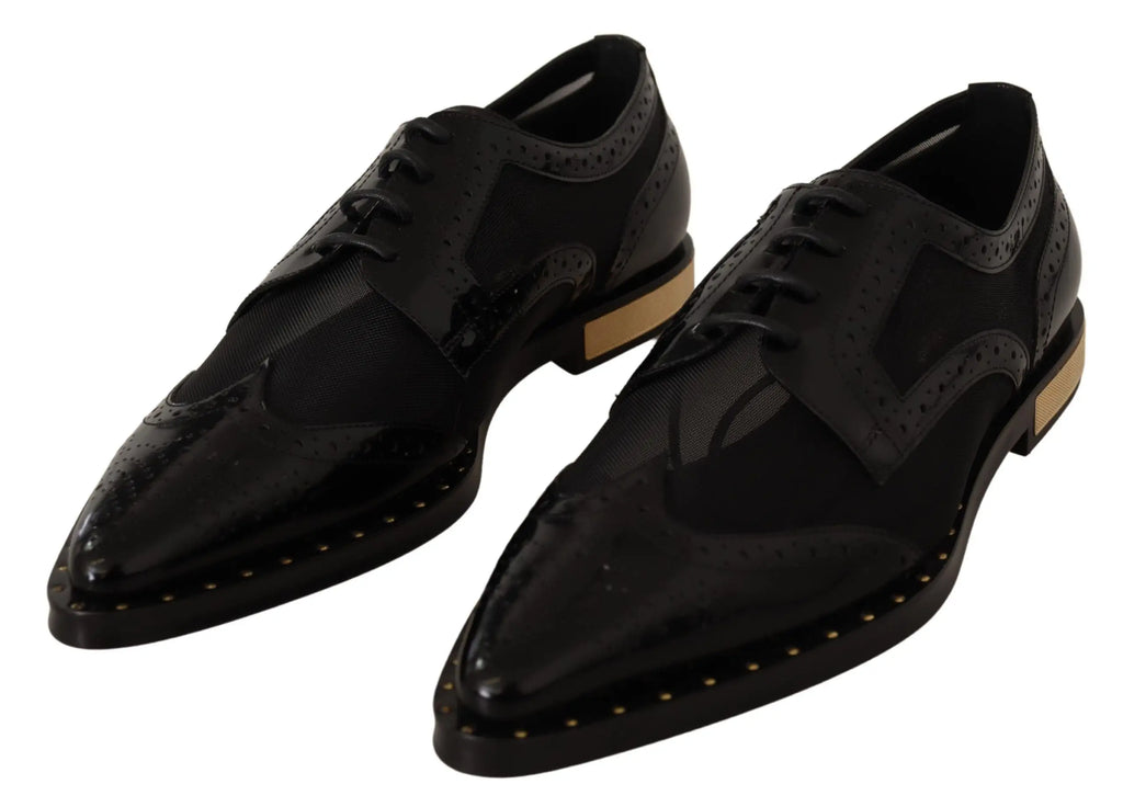 Dolce & gabbana black leather brogues with sheer mesh and gold-tone stitching on toe cap