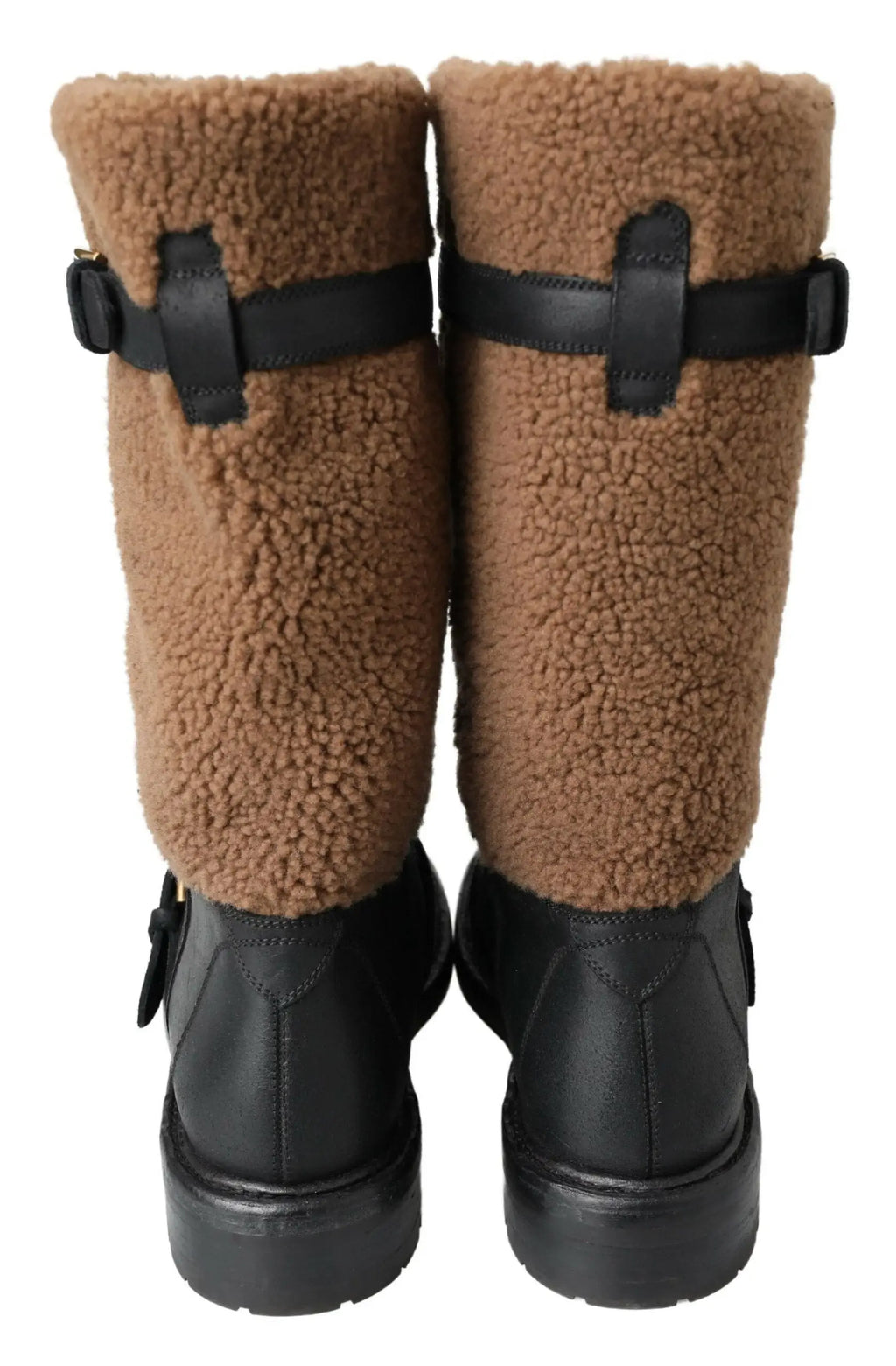 Bottes dolce & gabbana en cuir noir et shearling marron avec sangles et boucles noires jusquau genou