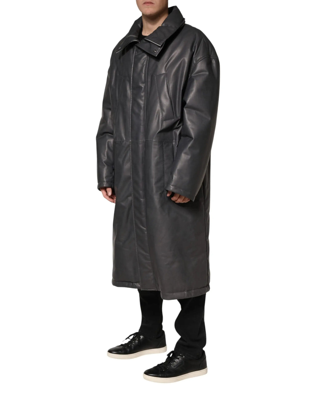 Dolce & Gabbana trench coat en cuir noir avec col structuré et finition glossy en doudoune gris foncé élégant