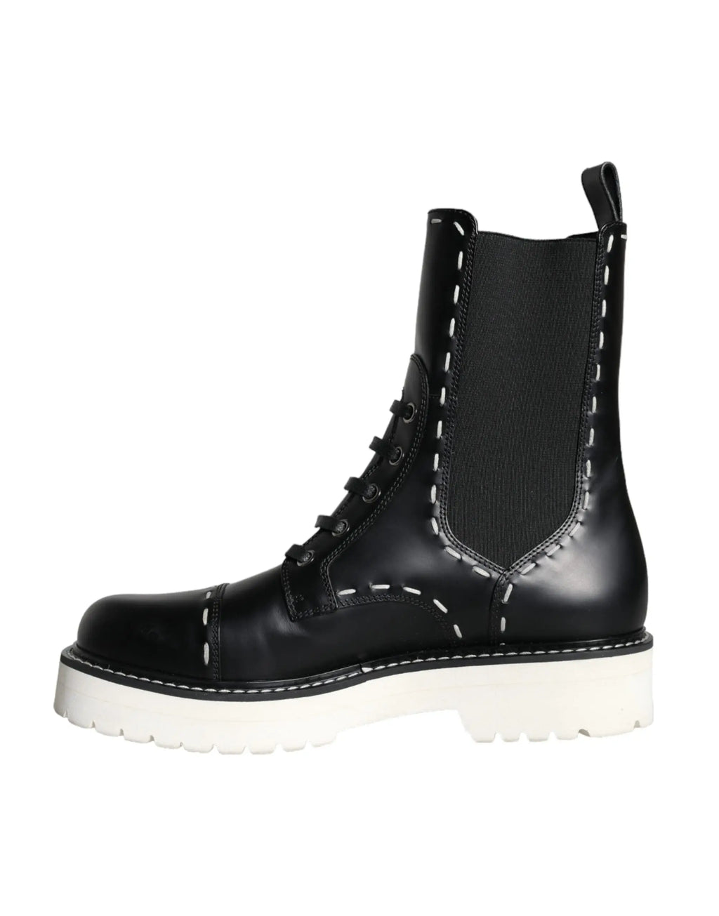 Dolce & Gabbana bottes combat en cuir noir avec couture blanche et semelle blanche épaisse