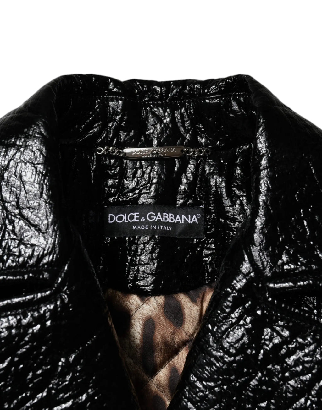 Dolce & gabbana veste courte en cuir noir texturé avec doublure imprimé léopard et manches longues