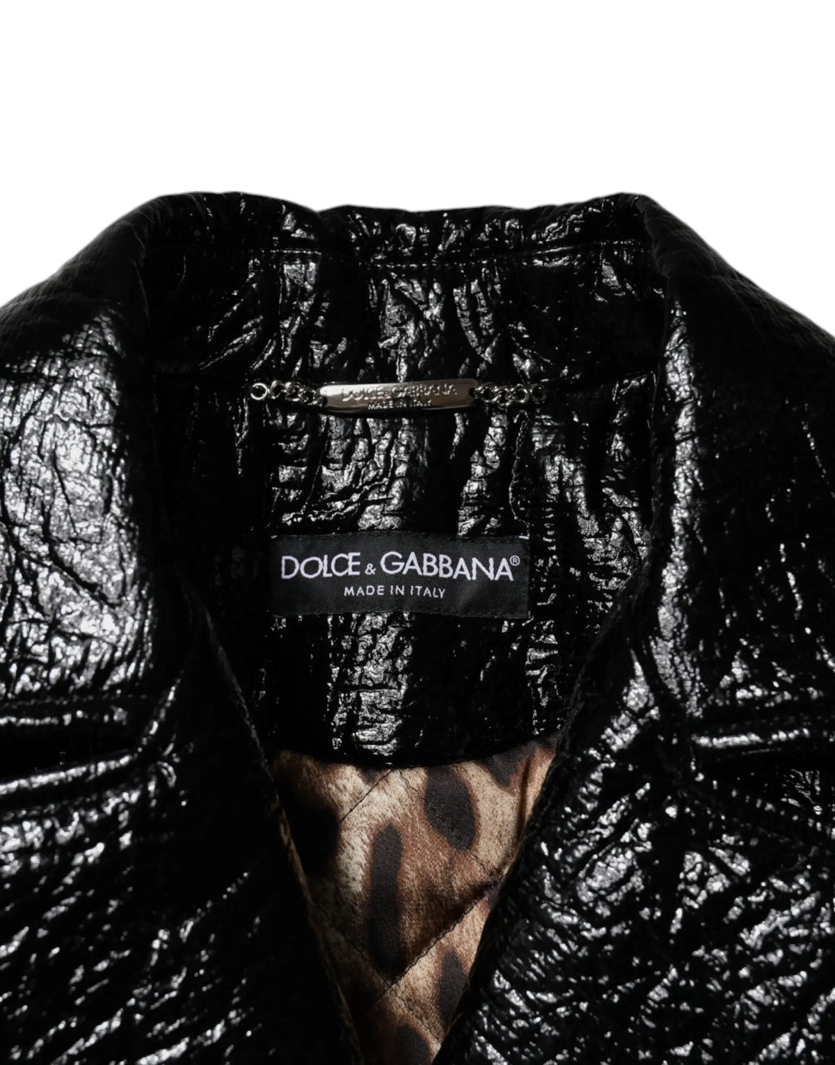 Dolce & gabbana veste courte en cuir noir texturé avec doublure imprimé léopard et manches longues