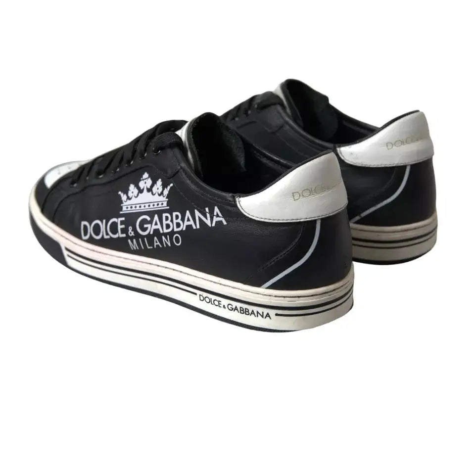 Baskets homme dolce & gabbana milano en cuir noir avec accents blancs logo couronne et couture contrastée