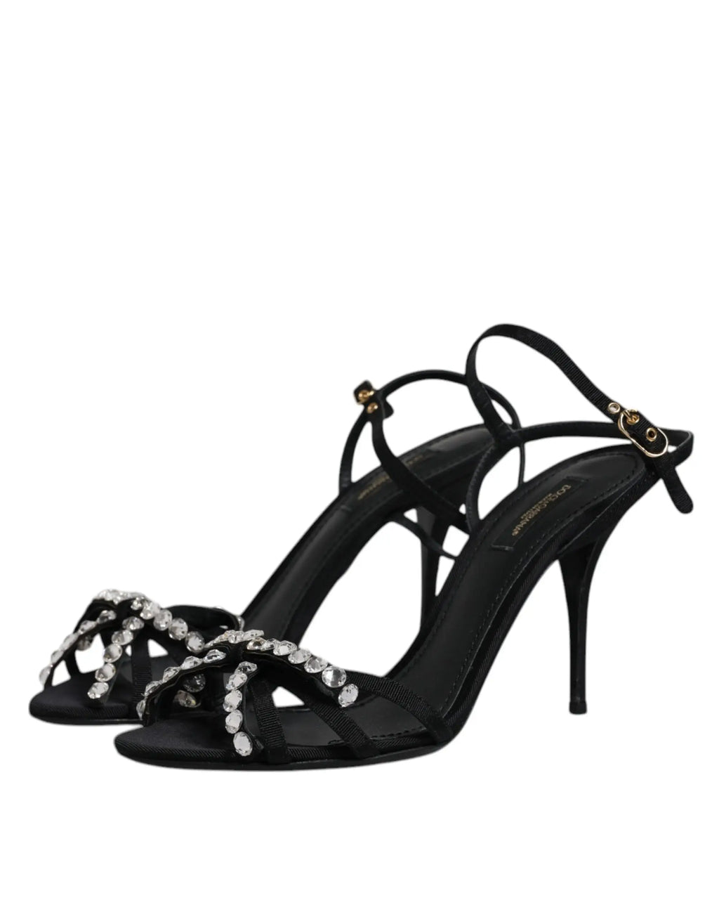 Dolce & gabbana sandales keira en cuir noir avec talons hauts en satin et boucles dorées ornées de cristaux