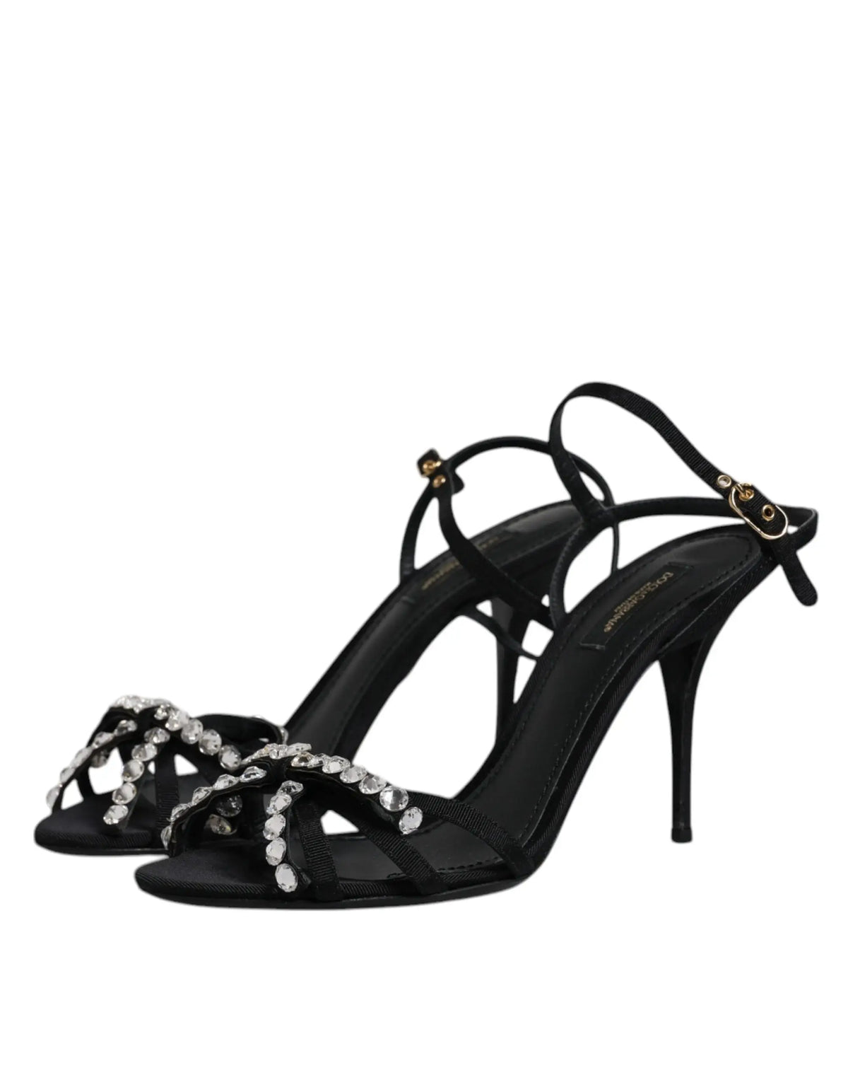 Dolce & gabbana sandales keira en cuir noir avec talons hauts en satin et boucles dorées ornées de cristaux
