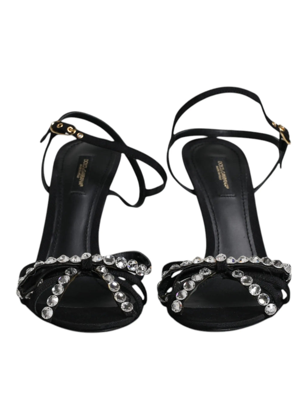 Sandales dolce & gabbana keira en cuir noir avec nœud en satin orné de cristaux transparents et détails dorés