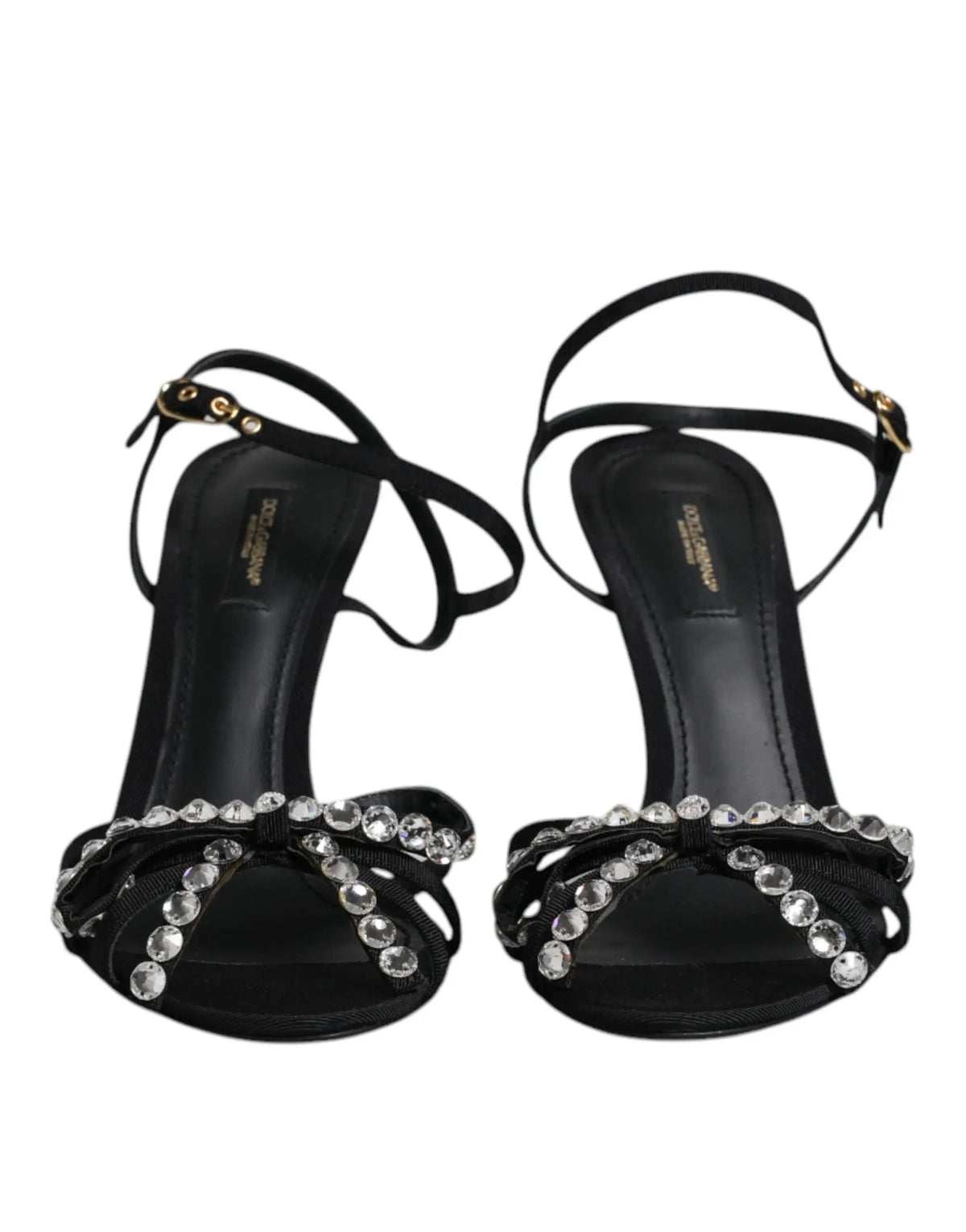 Sandales dolce & gabbana keira en cuir noir avec nœud en satin orné de cristaux transparents et détails dorés
