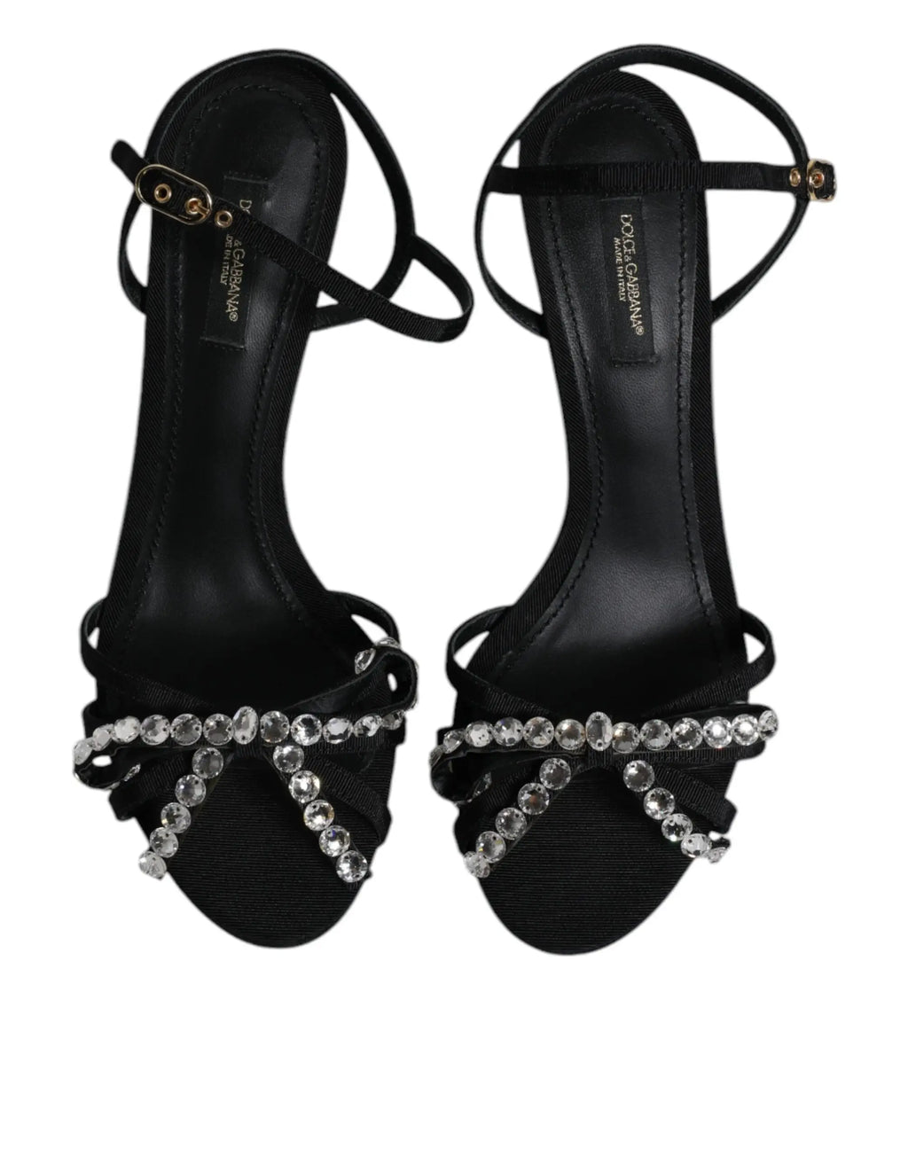 Sandales à talons noires dolce & gabbana en cuir avec design à brides et embellissements en cristaux étincelants