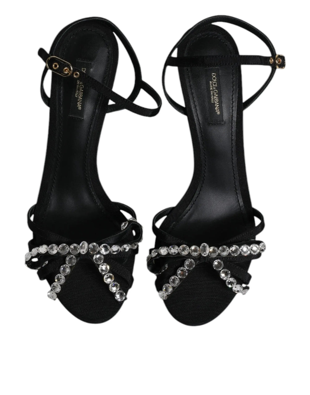 Sandales à talons noires dolce & gabbana en cuir avec design à brides et embellissements en cristaux étincelants