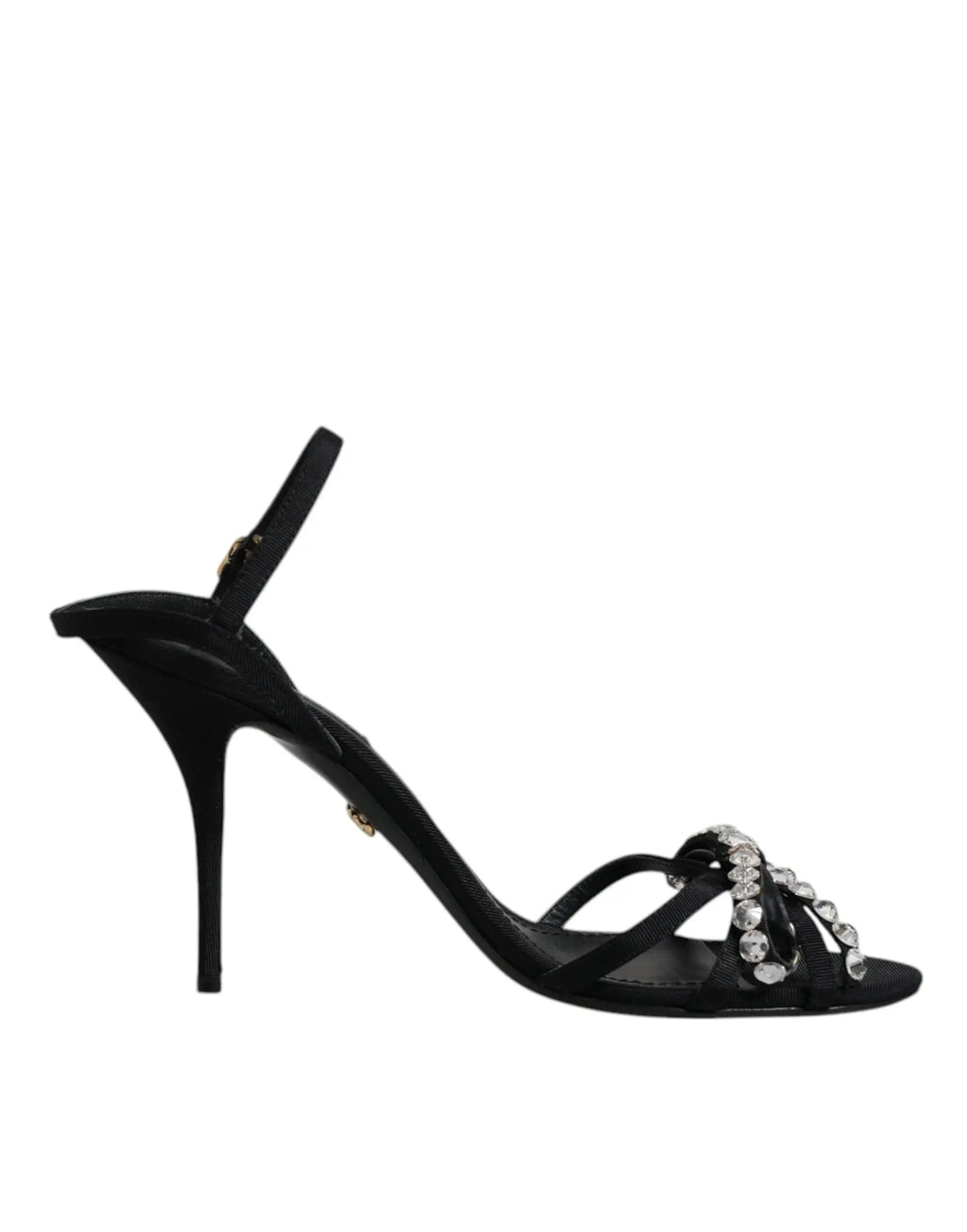 Sandales dolce & gabbana keira en cuir noir avec talon stiletto, bride cheville et nœud avec cristaux clairs