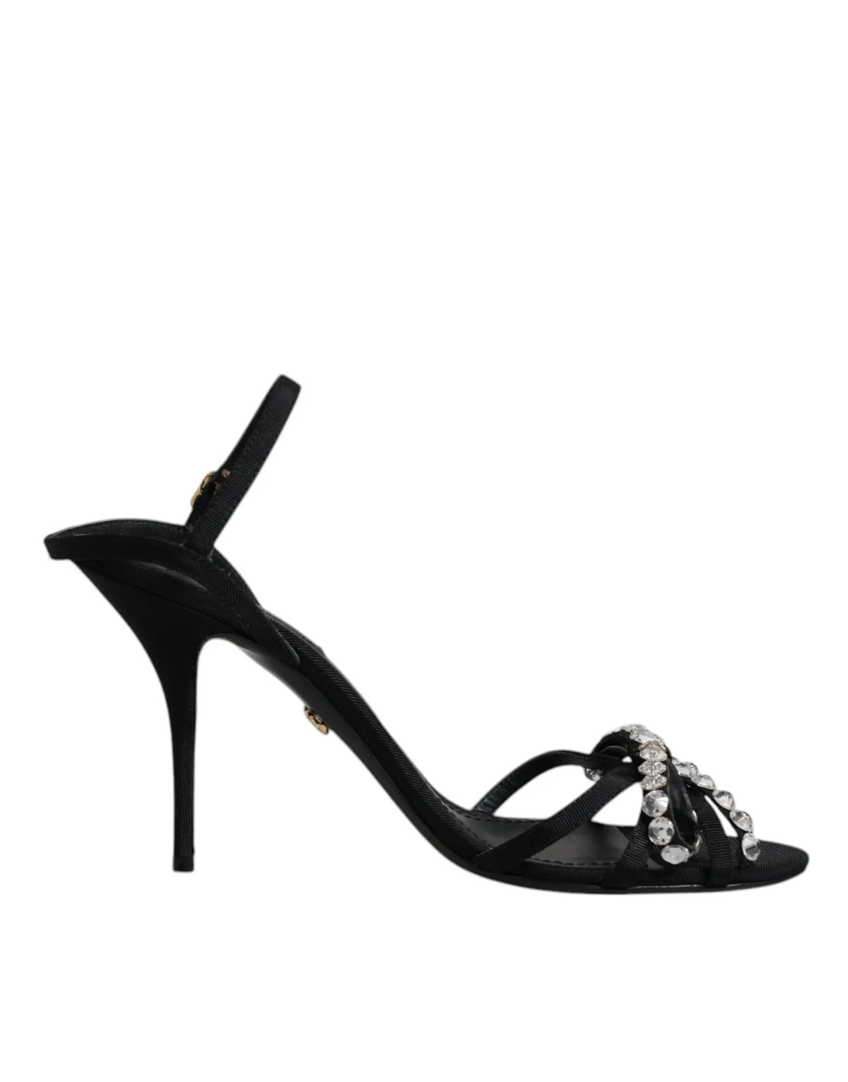 Sandales dolce & gabbana keira en cuir noir avec talon stiletto, bride cheville et nœud avec cristaux clairs